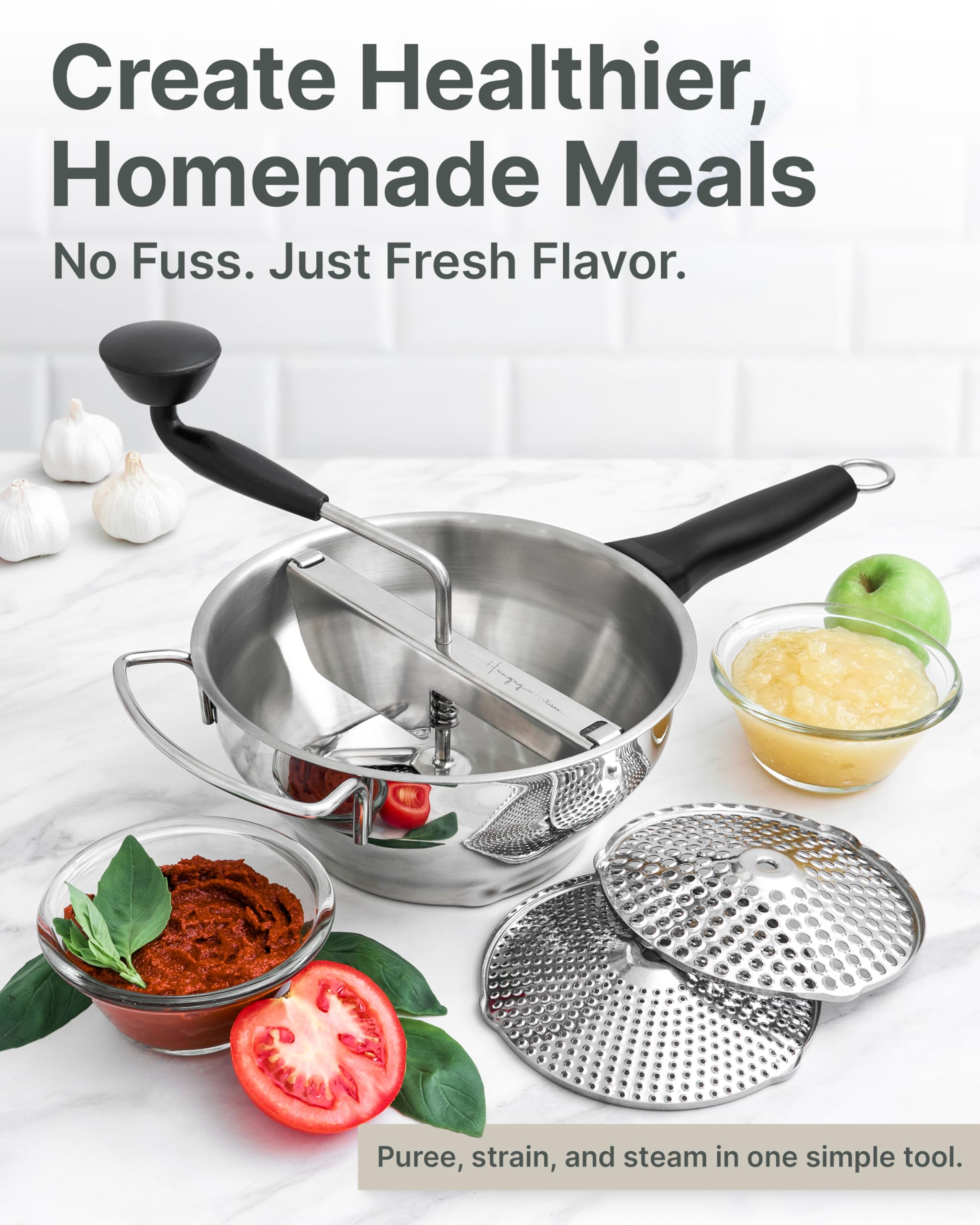 Stainless Steel Food Mill with Detachable Handles – Hand Crank Grinder for Baby Food, Tomato Sauce & Mashed Potatoes – Includes 3 Discs – Easy to Use & Clean – Great for Home Chefs, Parents & Canning