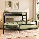 Livavega L-Shaped Triple Bunk Bed with Trundle, Twin Size Metal Bunk Bed for 4, Space-Saving Quad Bunk Bed with Textilene Guardrails &amp; Wood Slats, Black, for Bedroom, Dorm &amp; Guest Room