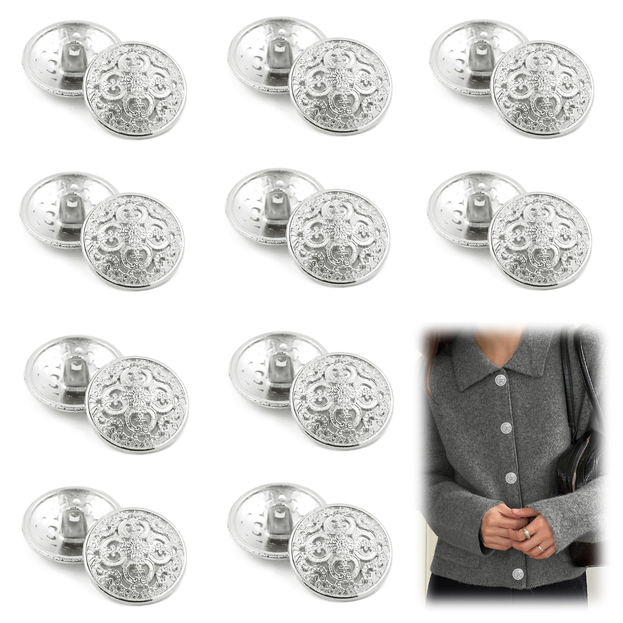 XCSJ Pack of 20 Metal Vintage Metal Buttons Eyelet Buttons Vintage Antique Metal Blazer Buttons Metal Blazer Buttons Round Metal Buttons for Coat, Blazer, Shirt, Jacket, Uniform (Silver), 11A7HQ0349A
