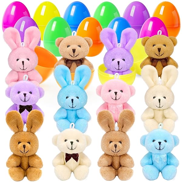 JUMLYS 12 PACK PREFILLED EASTER EGGS WITH STUFFED ANIMAL TOYS, SURPRISE PLASTIC EASTER EGGS FILLED WITH PLUSH BUNNY AND BEAR FOR KIDS, PERFECT FOR EASTER EGG HUNT , BASKET STUFFERS AND PARTY FAVORS