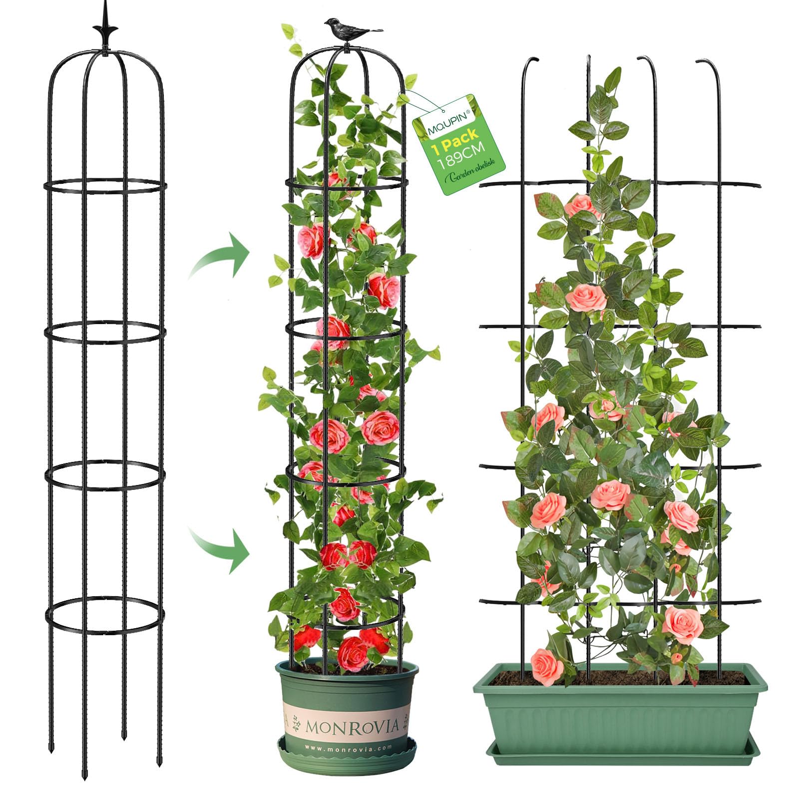 MQUPIN Garden Obelisk Upgraded,1Pcs Tower Obelisks For Climbing Plants 189Cm Durable U-Shaped Supports For Garden Rustproof Sweet Pea Frame Indoor Outdoor Flower Stand Rose Trellis Vegetable