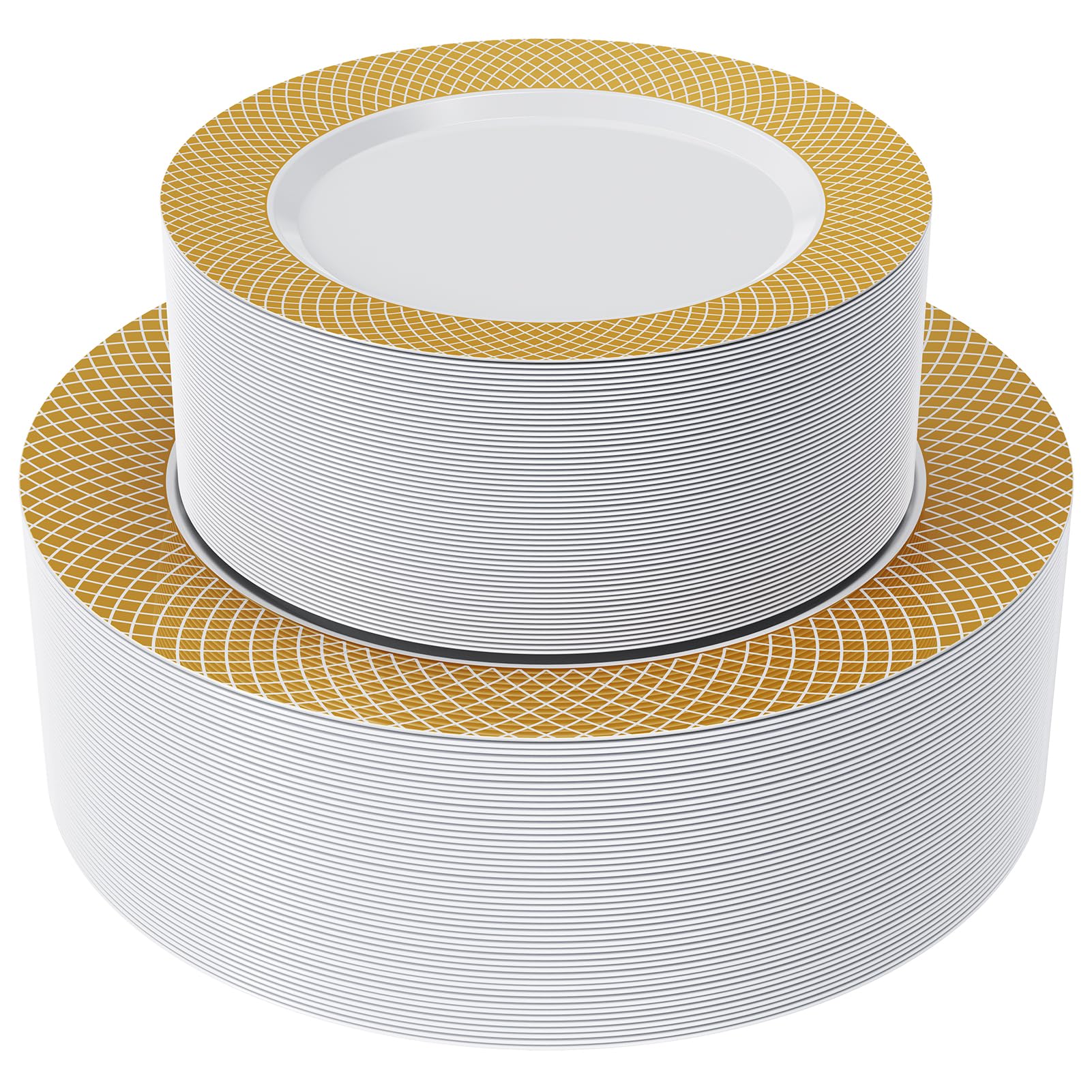 Photo 1 of FOCUSLINE Gold Plastic Plates Set of 102, Disposable Plates with Gold Grid Rim 51 Dinner Plates 10" and 51 Salad Dessert Appetizer Plate 7", Elegant Fancy Heavy Duty Wedding Party Plate