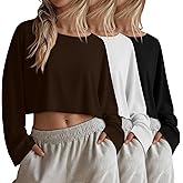 Yearntown 3 Pack Women's Long Sleeve Crop Shirts Loose Fit Cropped Oversized Tees Crew Neck Casual Pullover Tops