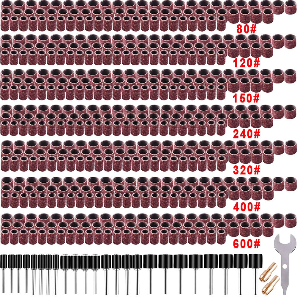 SIQUK 531 Pieces Drum Sander Kit with 504 Pcs Nail Sanding Bands Sleeves 24 Pcs Drum Mandrels 2 Pcs Self-Tightening Drill Chuck and 1 Pc Combination Wrench for Dremel Rotary Tools