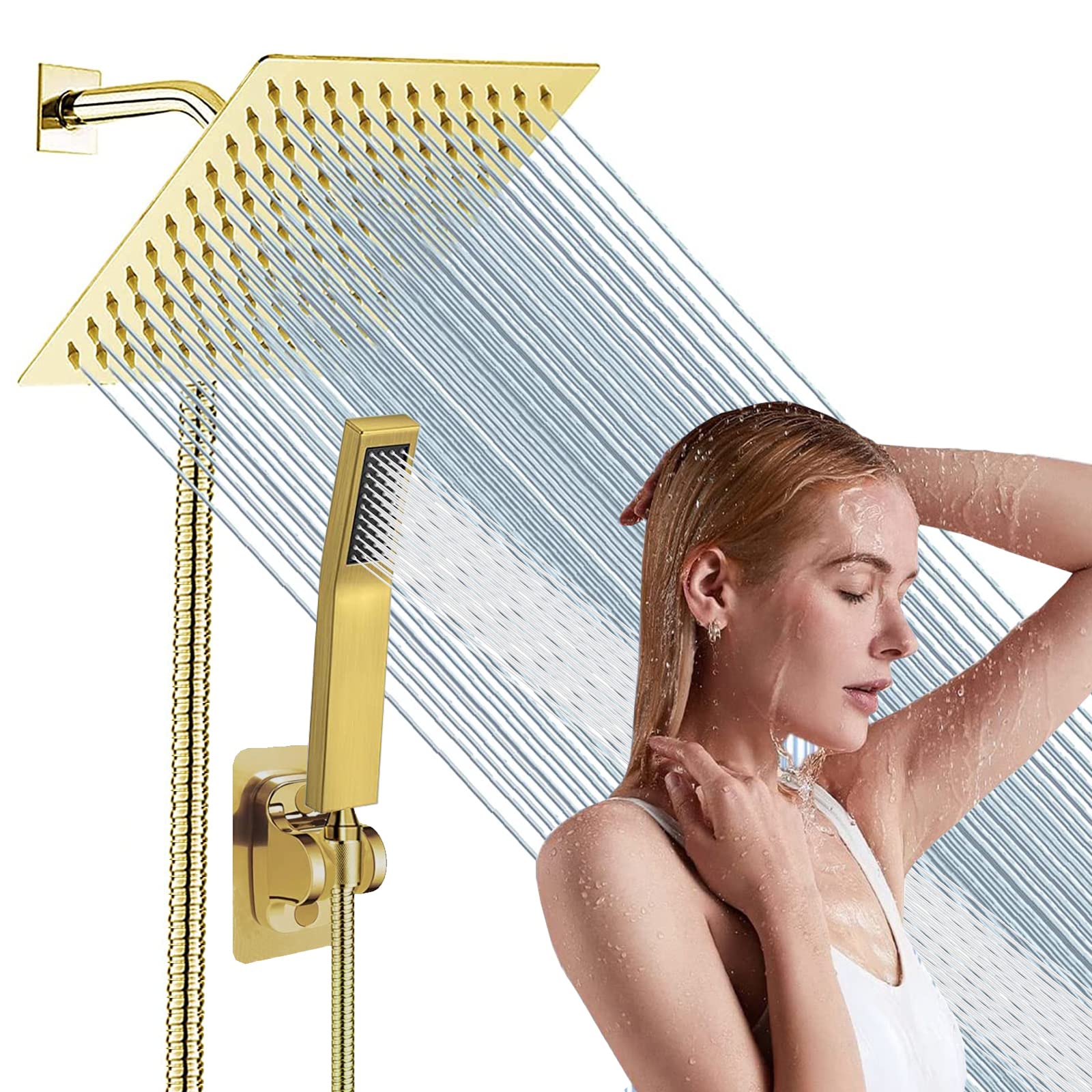 Photo 1 of Gold High Pressure Square Rain Shower Head And All Metal Handheld Shower, Equipped With 78"Hose, 3 Way Diverter Valve,Adhesive Shower Head Holder, Luxury Shower Combo