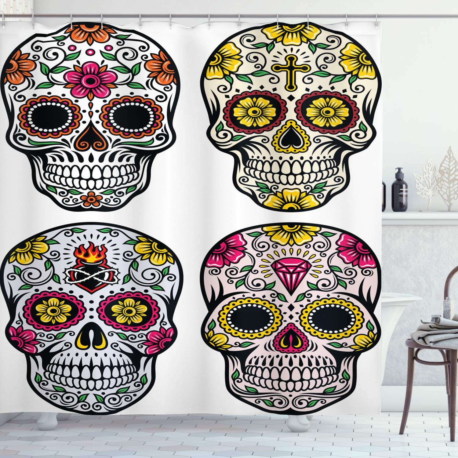 Amazon Com Ambesonne Day Of The Dead Shower Curtain Dia De Los Muertos Celebration Skull Artwork Image Cloth Fabric Bathroom Decor Set With Hooks 70 Long Yellow White Home Kitchen