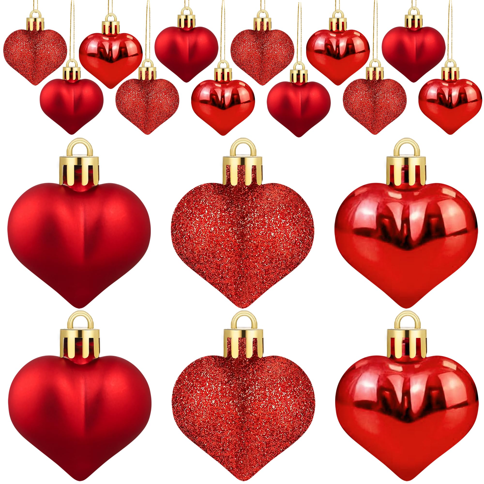 Photo 1 of 24 PCS Heart Shaped Ornament for Christmas Tree Red Heart Hanging Ornament Multi Finish Hearts Plastic Baubles Xmas Tree Hanging Decoration for Valentines Anniversary Party Decor