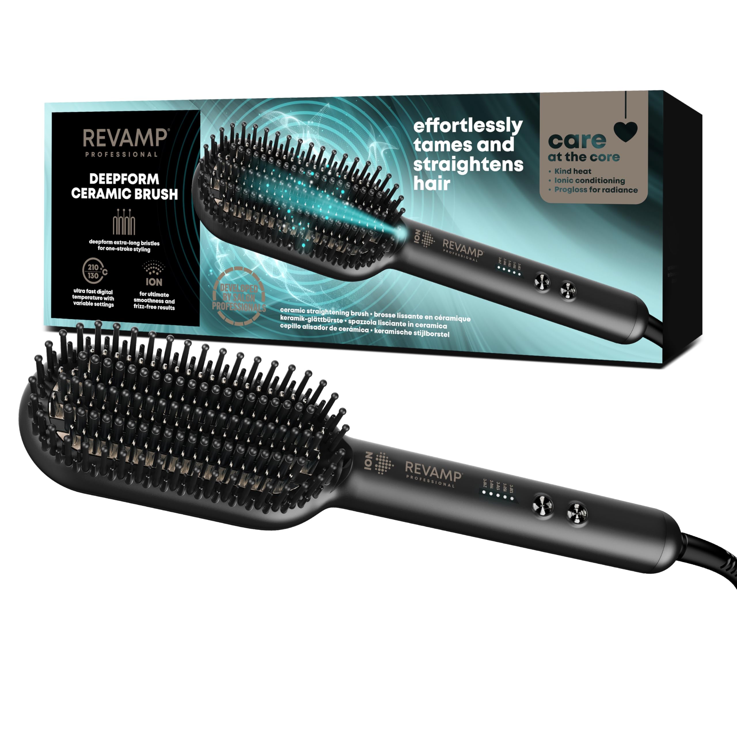 REVAMP Progloss Deepform Hair Straightener Brush, Ceramic Heated Brush Styler with Smoothing Salon Professional Shine Oils - Hot Styling Brushes with Powerful Ion Jet for Fast Hair Straightening