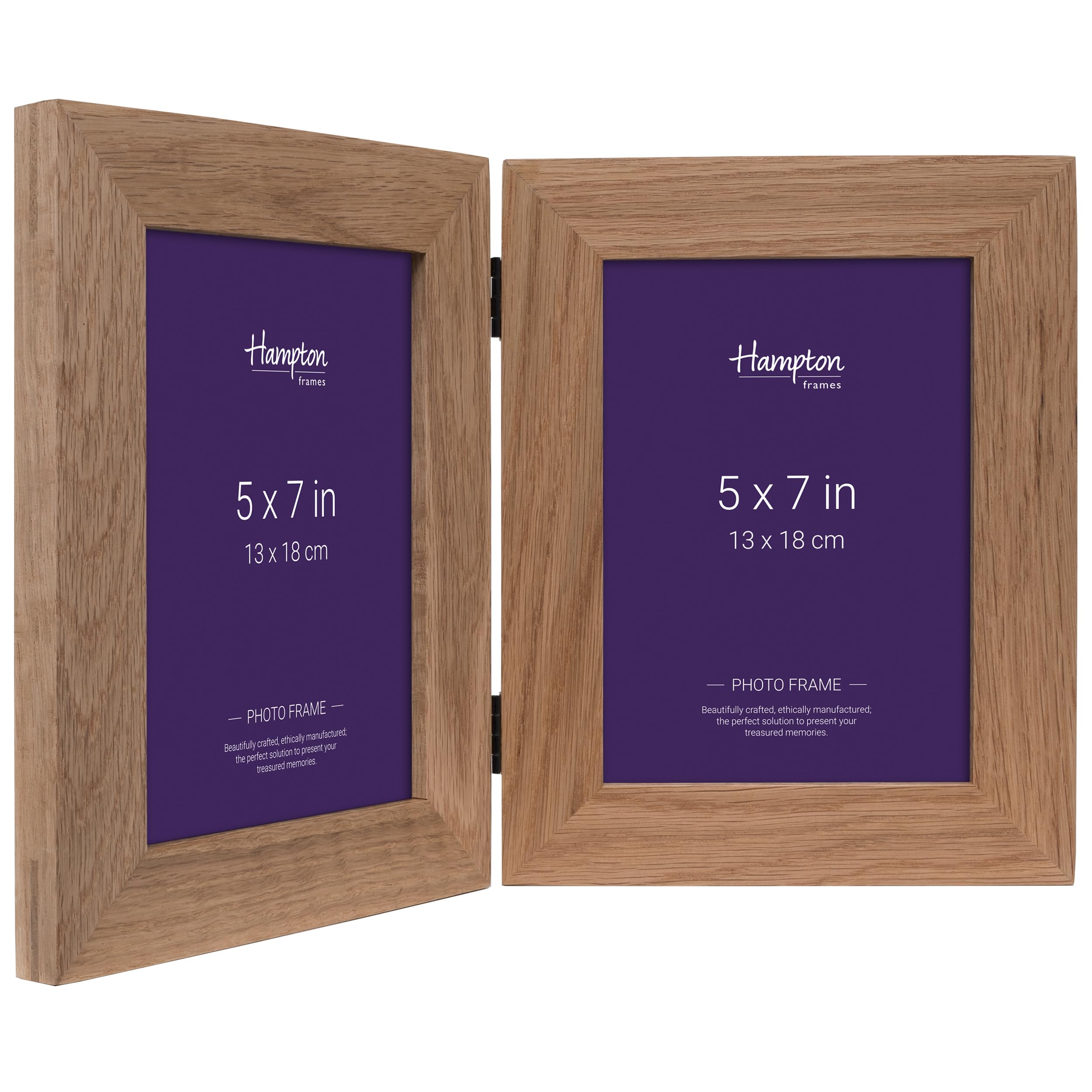 Hampton Frames | New England Solid Oak Hinged Double Photo Frame | 5x7 Inch (13x18cm), Natural Wood | Freestanding, Seamless Bridle Joints, Glass Aperture | Display for Home Photos