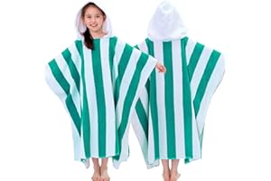 VOOVA & MOVAS Terry Cloth Hooded Towel Poncho for Boys| Girls | Teens (8-16Years), 100% Cotton Thick Soft Absorbent Poncho Towel Robe for Kids, Perfect for Pool, Beach, Bath and Gifts, Aqua White Stripe