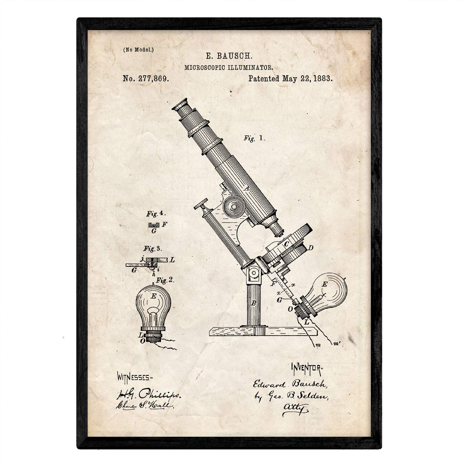 Nacnic Patent Poster with light microscopy. Sheet with old design patent in A3 size and vintage background