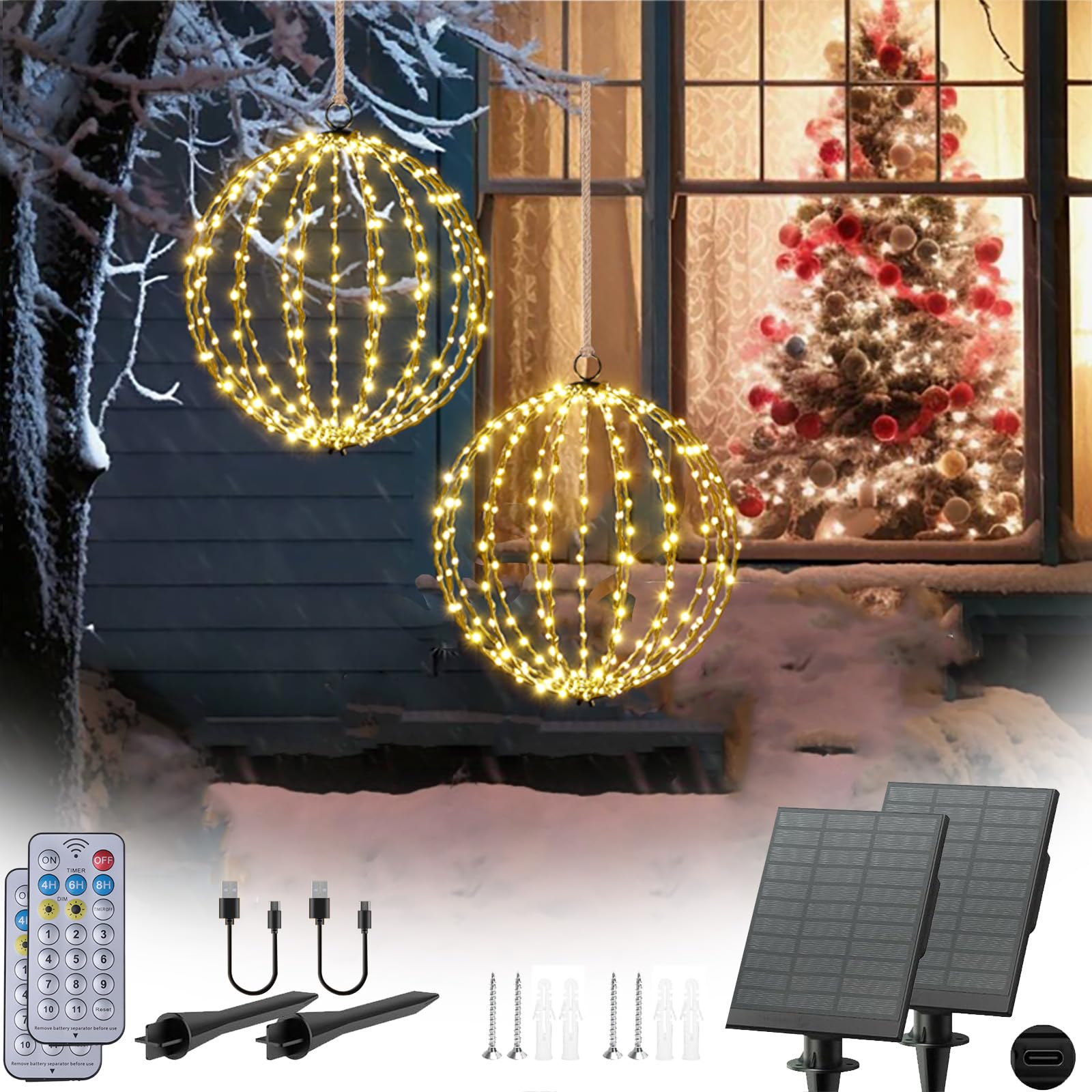 Photo 1 of *Box damaged* Outdoor Christmas Lights Balls, Solar Hanging Lighted Sphere, Prelit LED Balls 16" Large Globe Christmas Decoration, 208 LED Foldable Chandelier Waterproof for Outside Tree Porch Yard Decor-2Pack