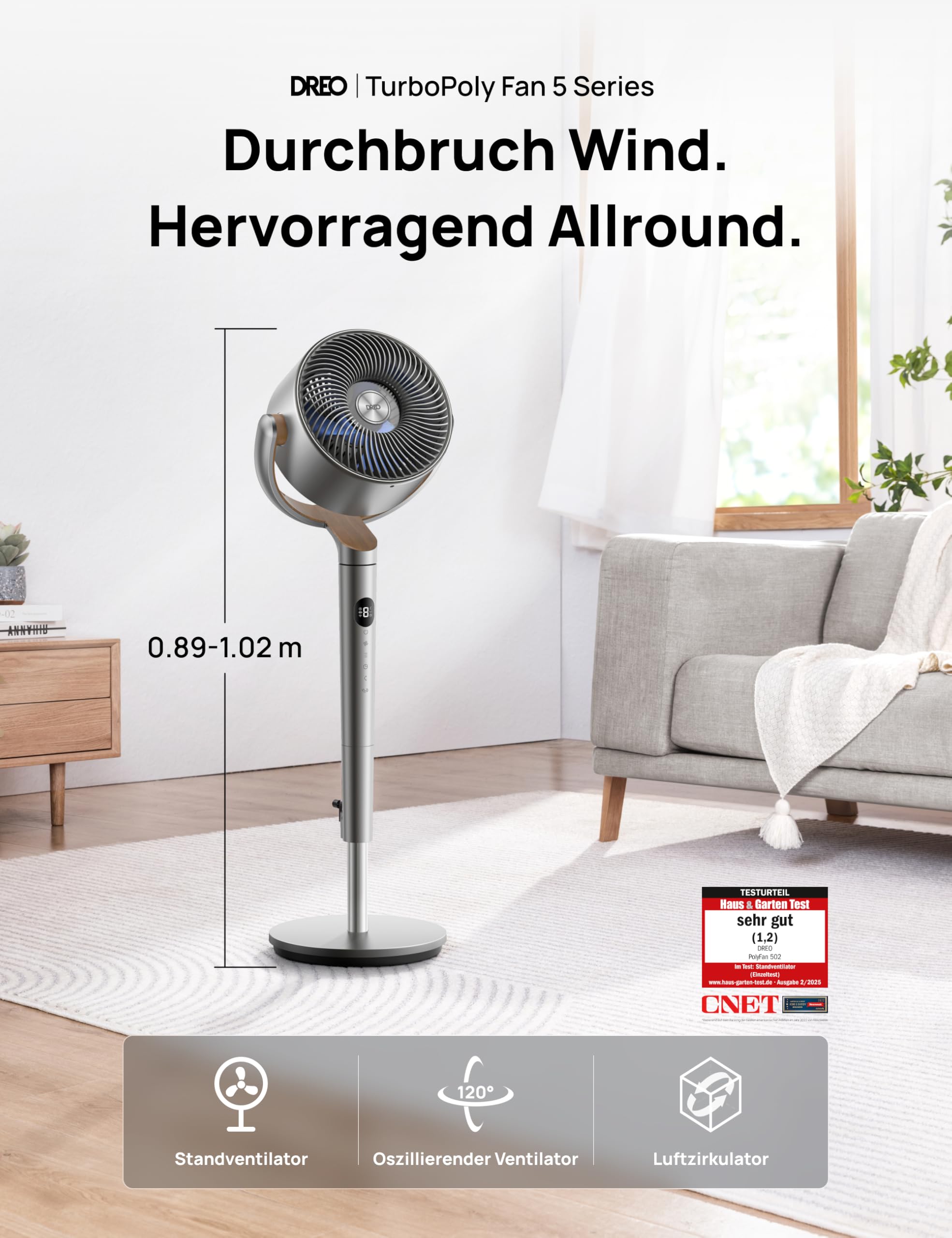 DREO 23 dB leiser Standventilator, 120°+120° Omni-direktionale oszillierende Ventilator, 27 m Windentfernung, 1615 m³/h Luftvolumen Echt Turbo-Luftzirkulator Fans, 102CM Höhe 3 Modi 8-Geschwindigkeit 2