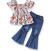 SODLON Baby Girl Clothes Toddler Girl Outfits Kids Puff Sleeve Shirt Top Flare Denim Pants Jeans Clothing for Little Girls