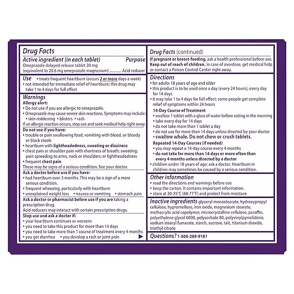 PRILOSEC OTC, OMEPRAZOLE DELAYED RELEASE 20MG, ACID REDUCER, TREATS FREQUENT HEARTBURN FOR 24 HOUR RELIEF, ALL DAY, ALL NIGHT*, 20MG, 42 TABLETS
