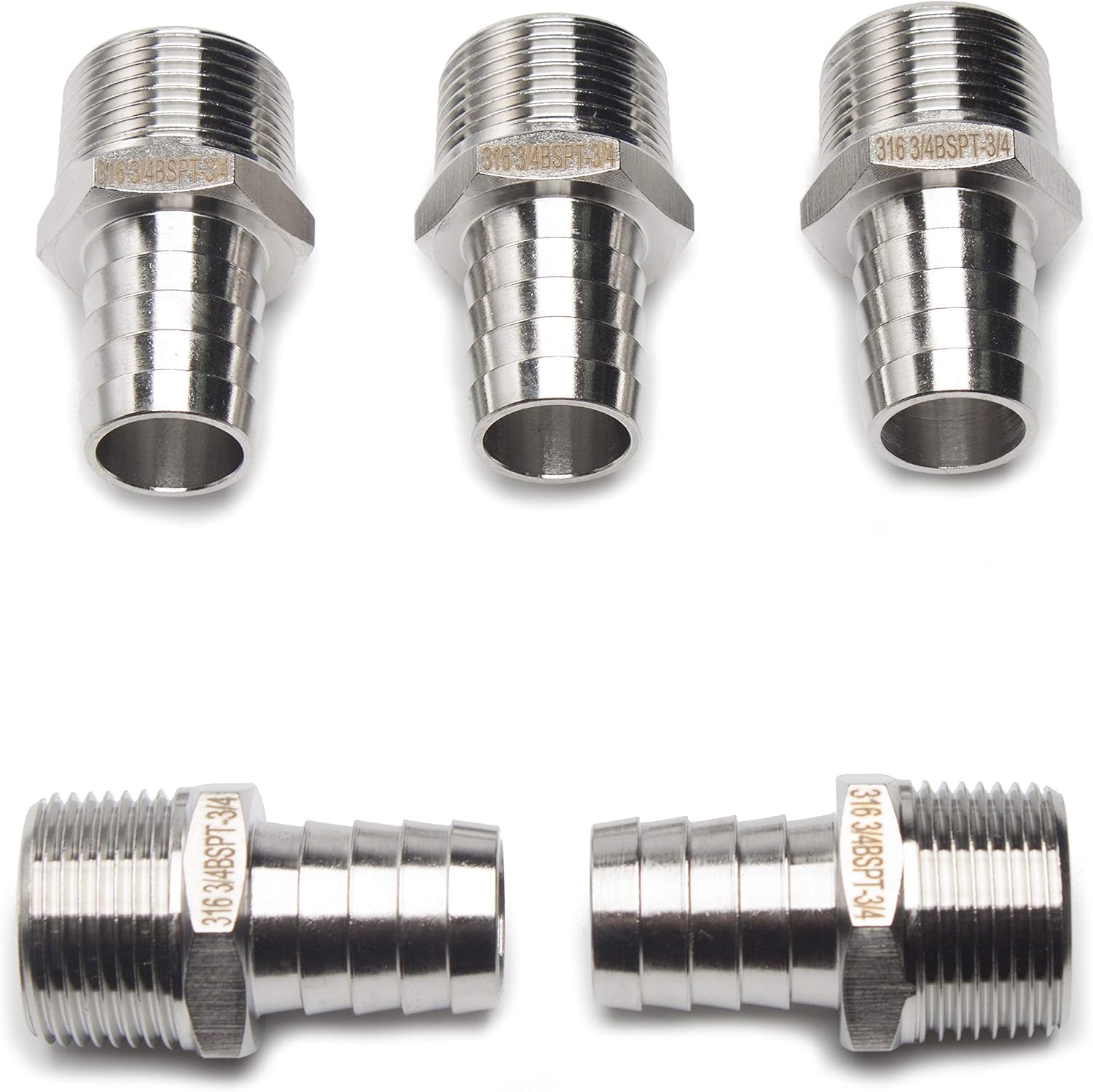 LTWFITTING Stainless Steel 316 Barbed Fitting Coupler/Connector 3/4-Inch Male BSPT x 3/4-Inch(19mm) Hose Barb Fuel Gas Water (Pack of 5)