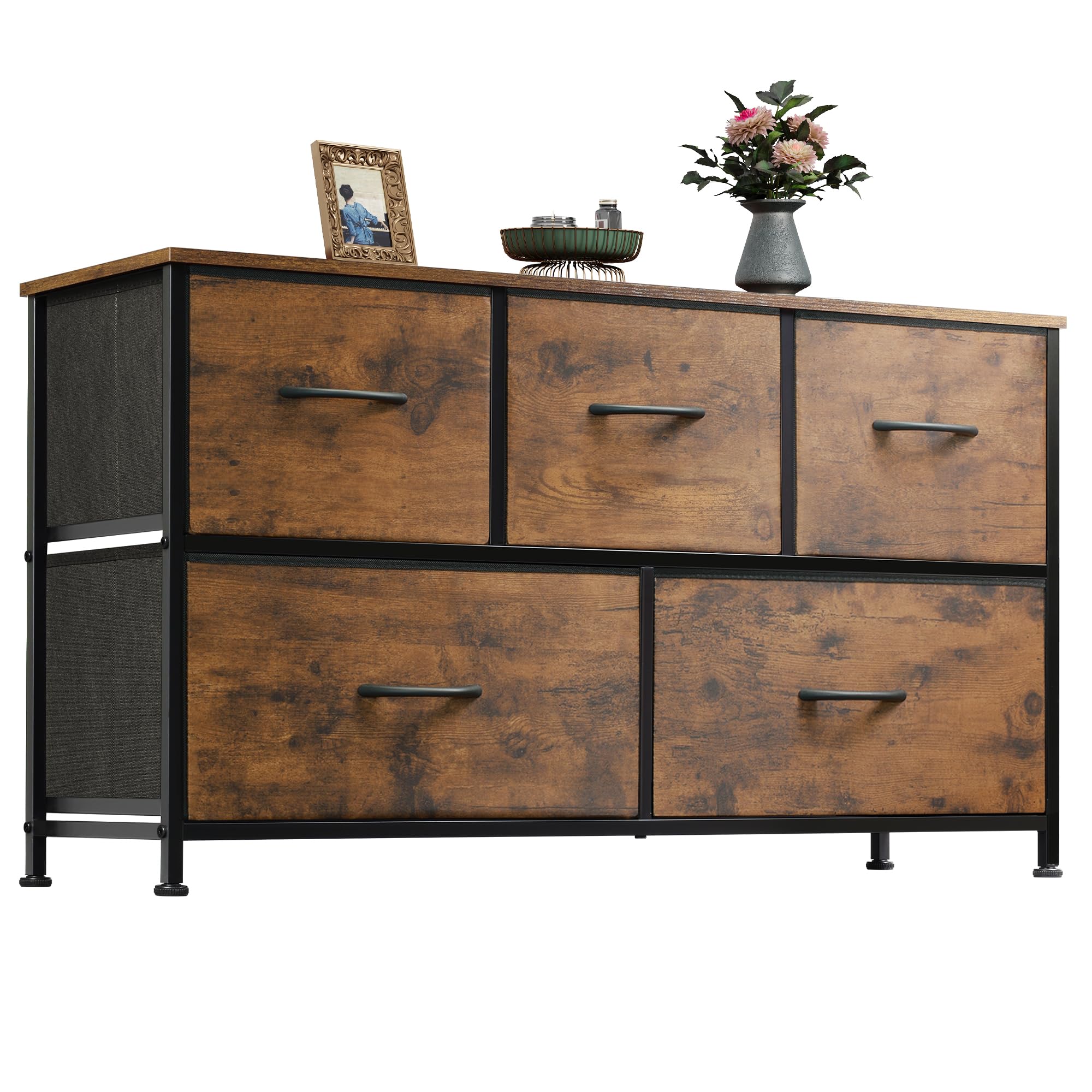 Photo 1 of WLIVE Dresser for Bedroom with 5 Drawers, Wide Chest of Drawers, Fabric Dresser, Storage Organizer Unit with Fabric Bins for Closet, Living Room, Hallway, Rustic Brown Wood Grain Print