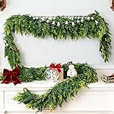 Grever 6 Feet Artificial Cedar Garland Real Touch Fake Evergreen Greenery Garland for Indoor and Outdoor Fireplace, Mantle, Door, Windows, Table, Stairs, Wall, Wedding and Holiday Decor