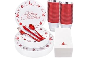 Ciaell 175 Pieces Christmas Plastic Plates - Christmas Red Plastic Plates include 25Dinner Plates, 25Dessert Plates, 25Knives, 25Forks, 25Spoons, 25cups, 25Napkins for Christmas Party
