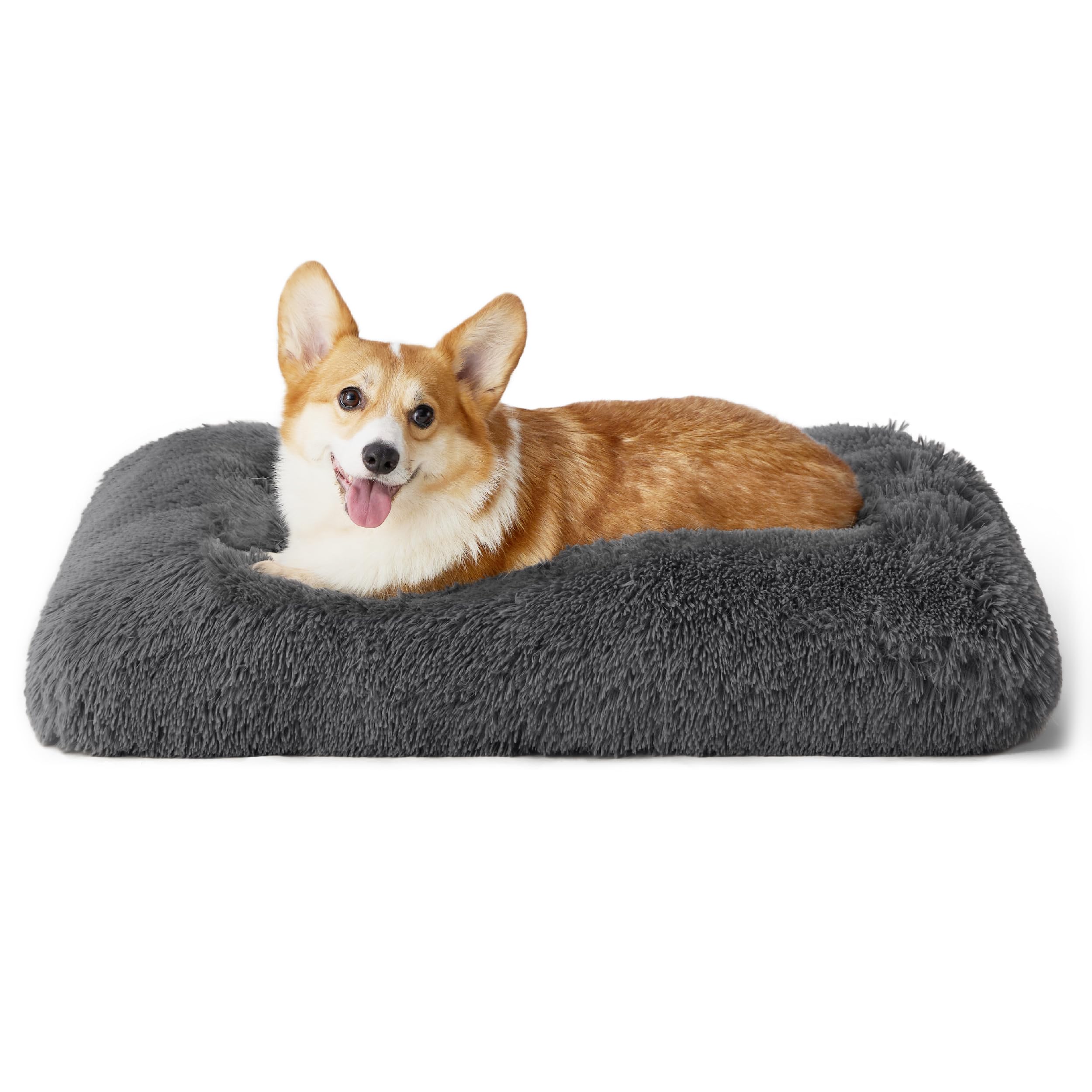 Bedsure Medium Dog Crate Bed - Fluffy Dog Mattress with Anxiety Pillow, Washable for Puppy & Large Cats, Anti Slip Bottom, Dark Grey, 74x53cm