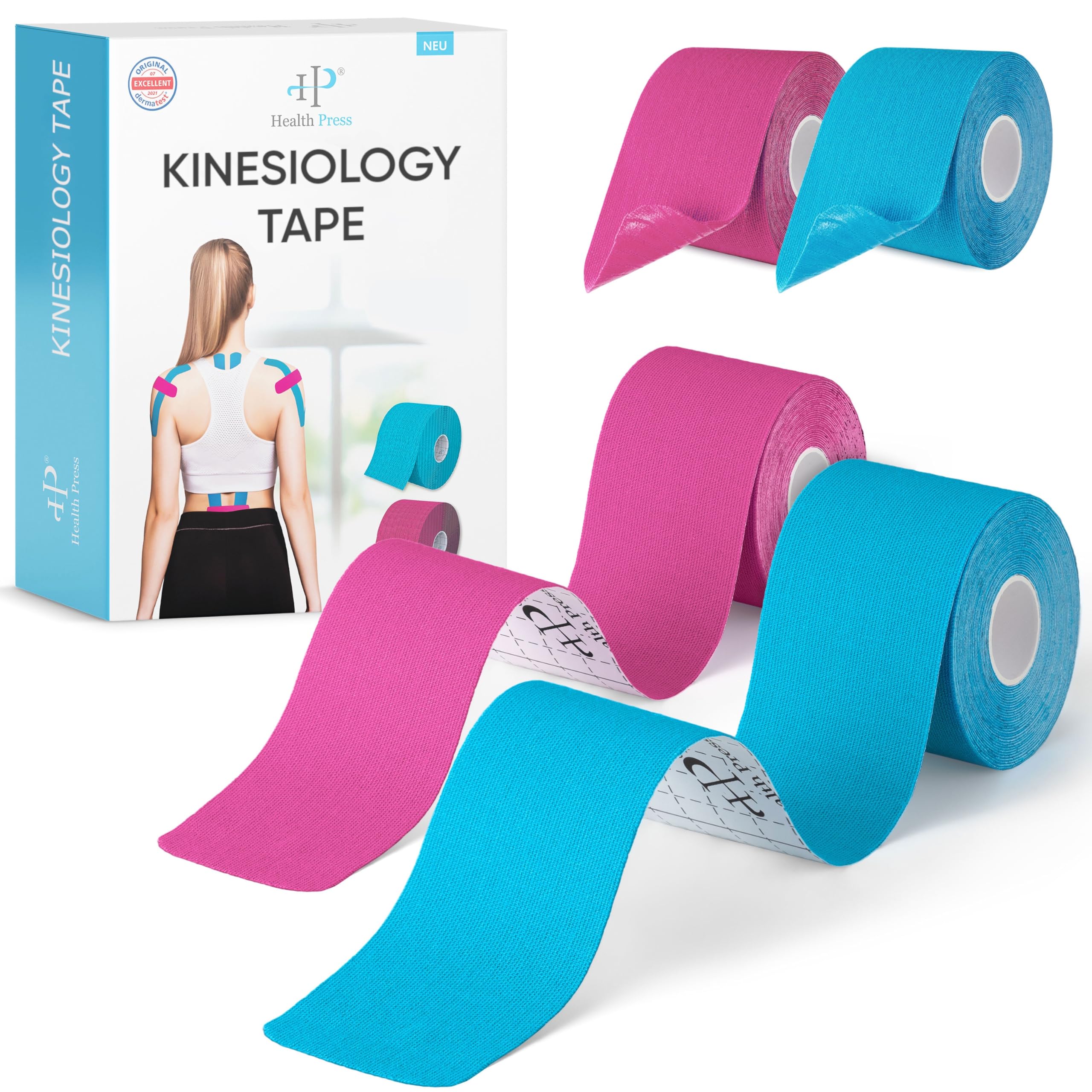 Health Press® Kinesiology Tapes – 2 Rolls (Blue + Pink) 5cm x 5m | Physio and Sports Tape | Waterproof and Elastic | Skin-Friendly Tape – Dermatologically Tested