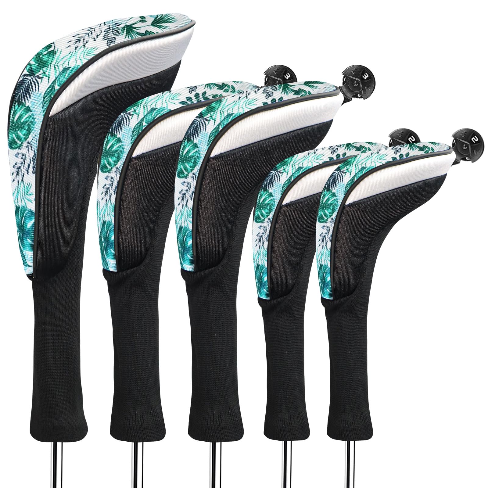 FINGER TEN Golf Club Head Covers for Woods Long Cover Driver Hybrid Fairway, Headcovers with Interchangeable No. Tag Novelty Durable Fit Woods Clubs (Green-5 pack (1 Driver& 2 Fairway&2 Hybrid))