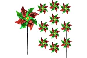JREMREO 10 Pieces 21 Inches Red and Green Reflective Pinwheels with Stakes, Windmill Wind Spinners for Outdoor Garden Lawn Yard Decor, Christmas Decoration, Large Foil Pin Wheels for Bird and Animal Deterrent