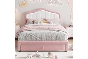 Garvee Pink Twin XL Bed Frame with Led Lights and Storage Drawer, Velvet Platform Bed with Headboard for Kids, Girls, Boys, N