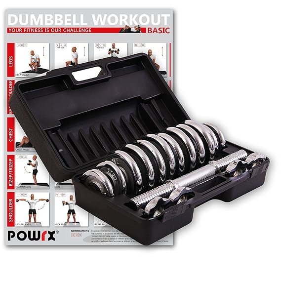 POWRX Chrom Hantel Set 15 kg (2 x 7,5 kg) inkl. Workout Kurzhanteln mit Koffer Chromhanteln
