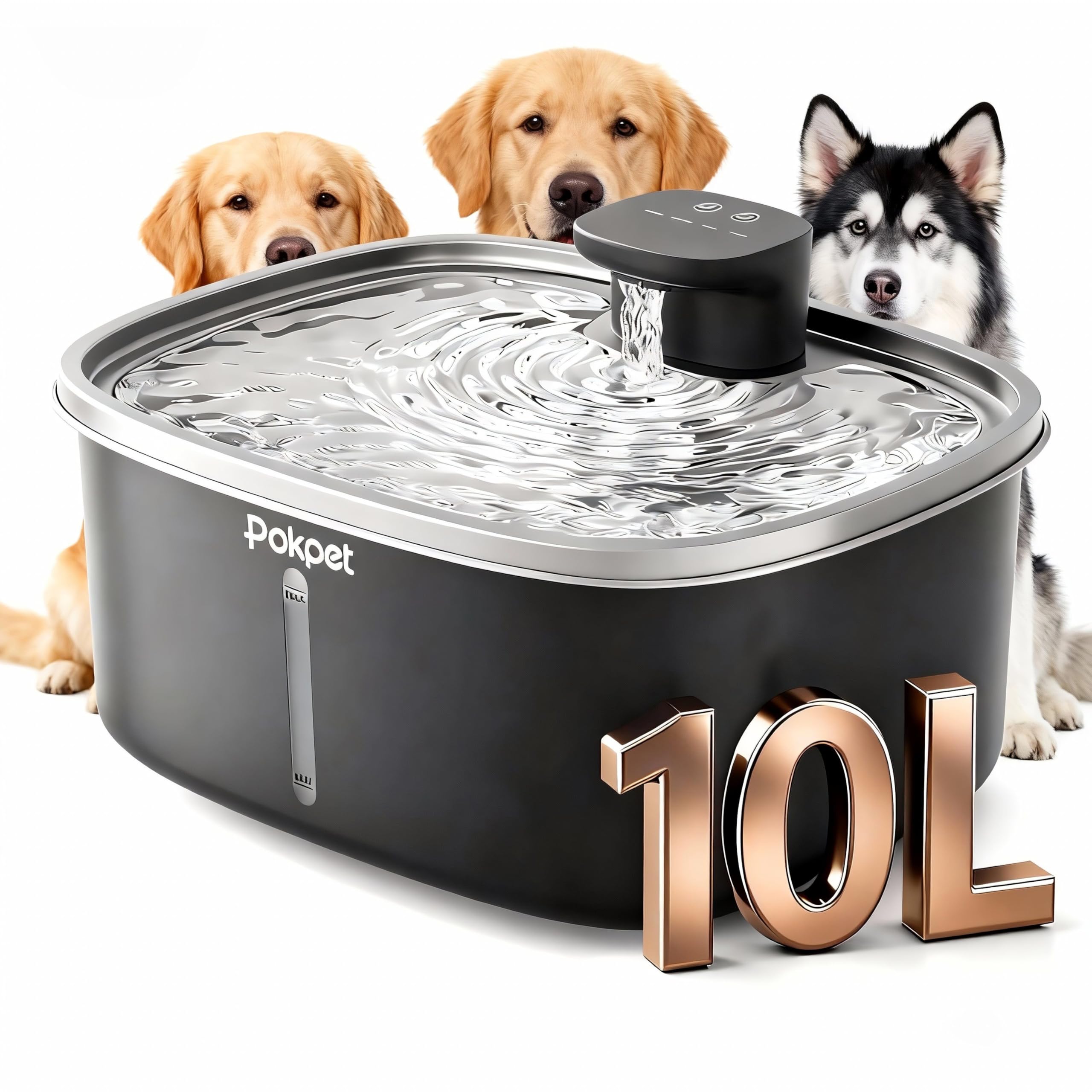 Photo 1 of 10L/2.64GAL Wireless Water Fountain for Cats Large Dogs for Multi-Pet Homes - Stainless Steel 4000mAh Battery Operated Automatic Pet Water Dispenser with Sensor, Quiet Flowing Bowl - Black