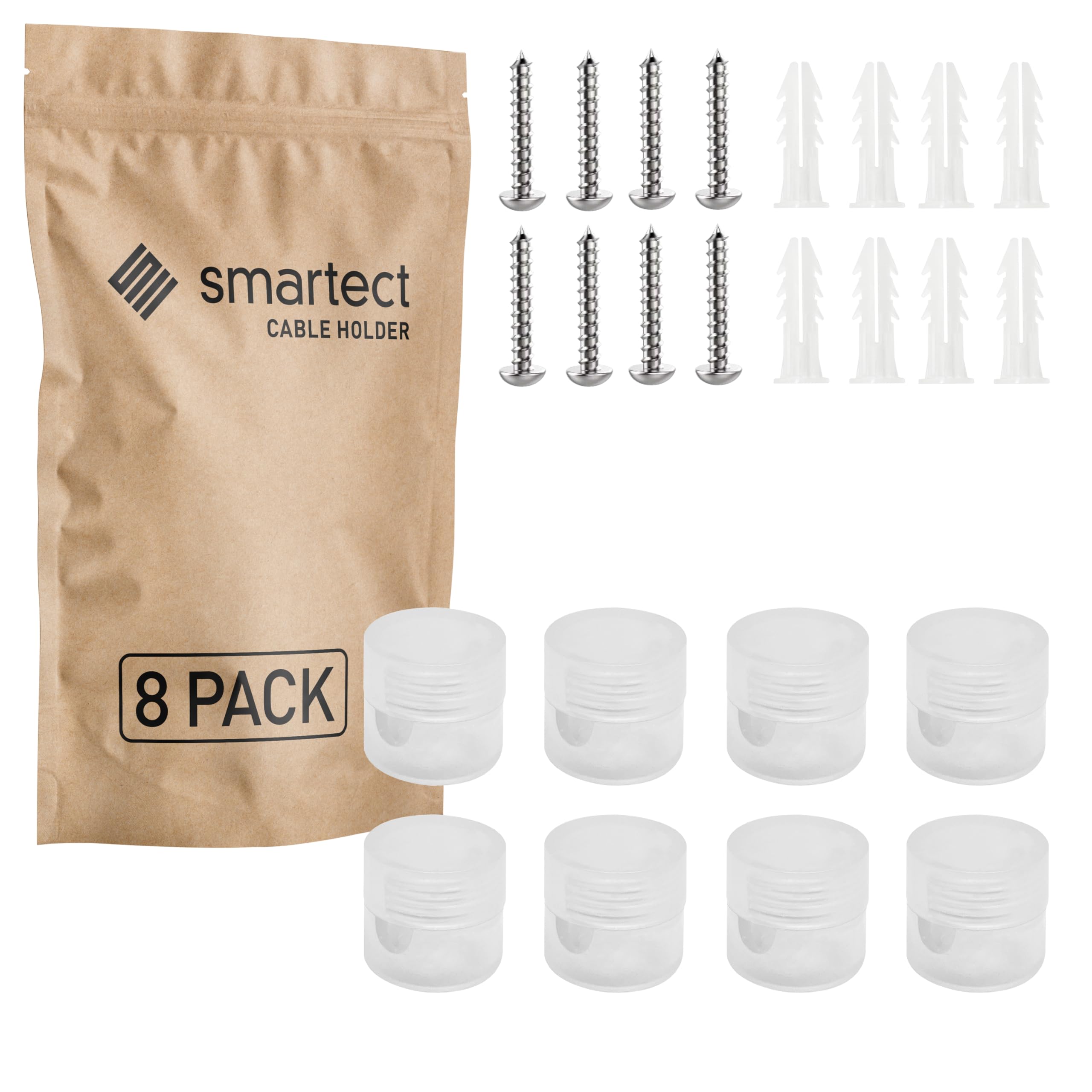 smartect Wall and Ceiling Pins [8 Pieces, Transparent, Ø20x18 mm] Cable Decentralizer with wall Plugs and Screws Included, Ceiling Light Hook for Your DIY Project