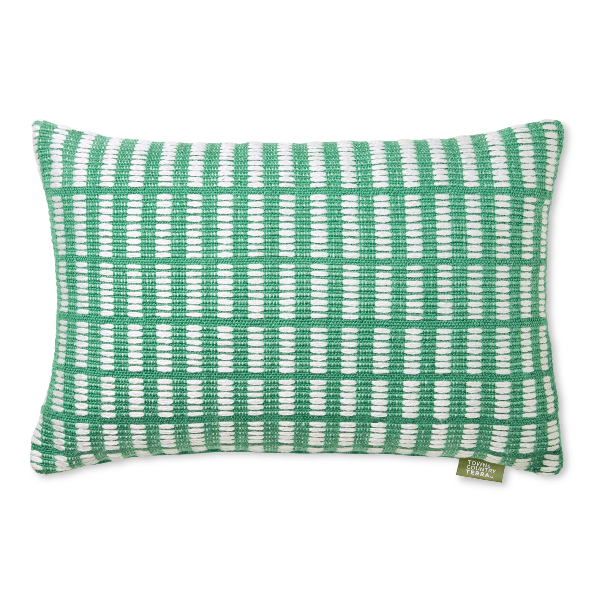 Photo 1 of TOWN & COUNTRY TERRA Alara Textured Geo Stripe Handcrafted Indoor Outdoor Decorative Pillow, 100% Recycled Materials, UV Fade Resistant, Water Repellent, Green/Ivory, 14"x20"