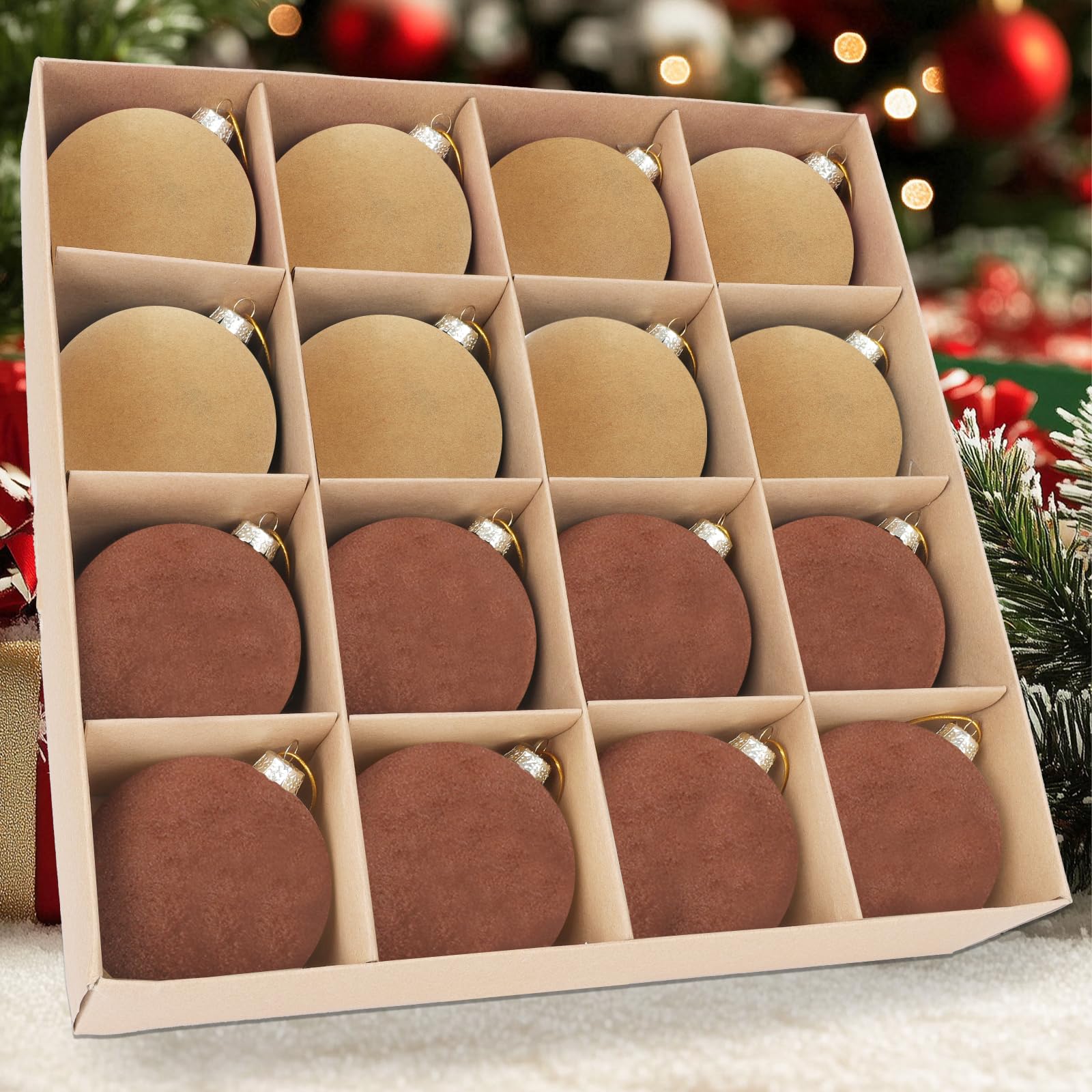 Photo 1 of 16 Pcs Velvet Christmas Tree Ornament Set - 3.15-Inch Flocked Shatterproof Christmas Balls, Bulk Hanging Xmas Baubles for Holiday Parties, Weddings & Home Decoration (Khaki, Brown)