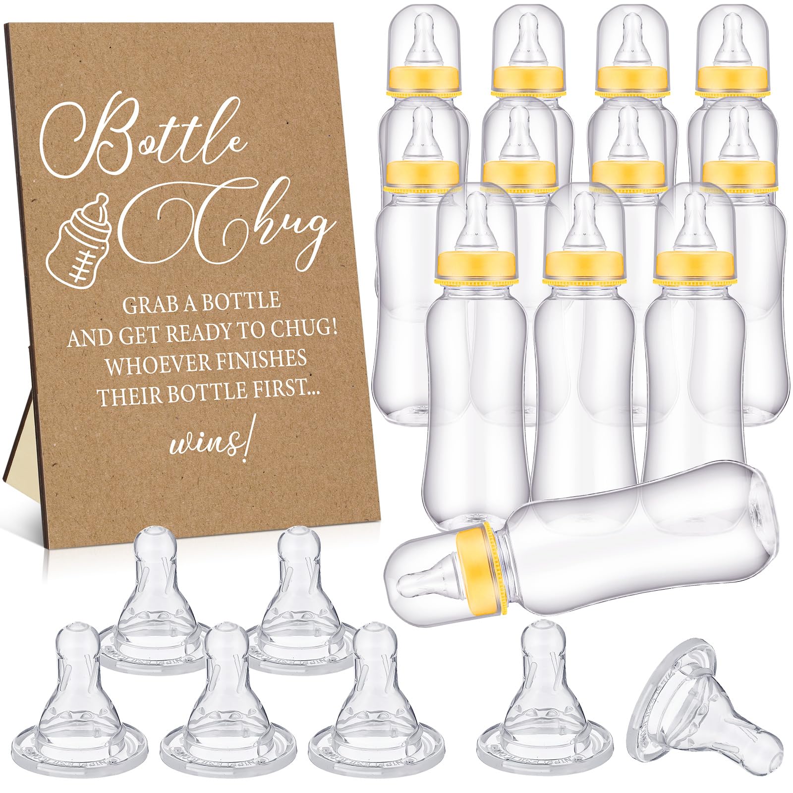 Photo 1 of TrelaCo Cool Baby Shower Games Wooden Bottle Chug Sign Rustic Theme Gift Sets and 12 Pcs Baby Bottle Shower Favor for Kraft Games Gender Reveal (Rustic Kraft)
