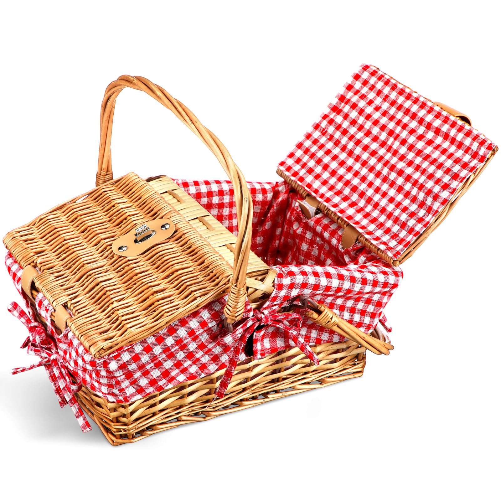 Photo 1 of Tiangrid Wicker Picnic Basket with Liner for 2 Person Closed Split Lid Picnic Baskets Vintage Red Check Willow Hamper Basket with Double Folding Handle and Lock for Easter, Camping Outdoor Wedding