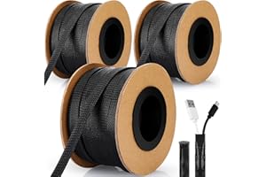Pangda 300 Feet 1/4, 1/2, 3/8 Inches Wire Loom PET Expandable Braided Sleeving Braided Sleeve for TV, Computer, Home Theater(Black)
