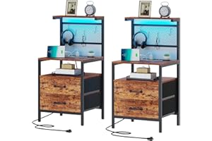 TRIFEBLE Nightstand Set of 2 with Charging Station, Rustic Brown Nightstands with LED Lights, Night Stands for Bedrooms with 2 Drawers and Storage Shelves, Bedside Tables with Metal Hooks