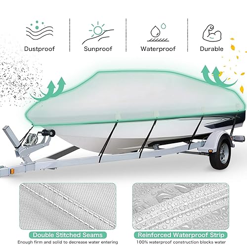 Heavy Duty 1200D PU Waterproof Boat Cover, 16'-18.5' Trailerable