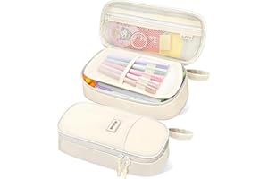 SUNEE Cute Pencil Case, Aesthetic Pen Pouch, Colored Large Pencil Bag with Zipper, Kawaii Stationery Storage and Organizer, School Supplies for Teen and Adult Girls, Beige