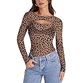 AIMISHI Sexy Mesh Long Sleeve Bodysuit for Women Cutout Front Crew Neck Sheer Leotard Print Body Suit Tops