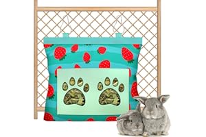 KEXWEN Rabbit Hay Feeder，Bunny Hay Feeder Bag for Rabbits， Rabbit Feeder Fabric Bag Feeder Storage Bag, 2 Holes Hanging Hay Feeder Guinea Pig Hay Bag for Rabbits Bunny Chinchillas Rats（Strawberries）