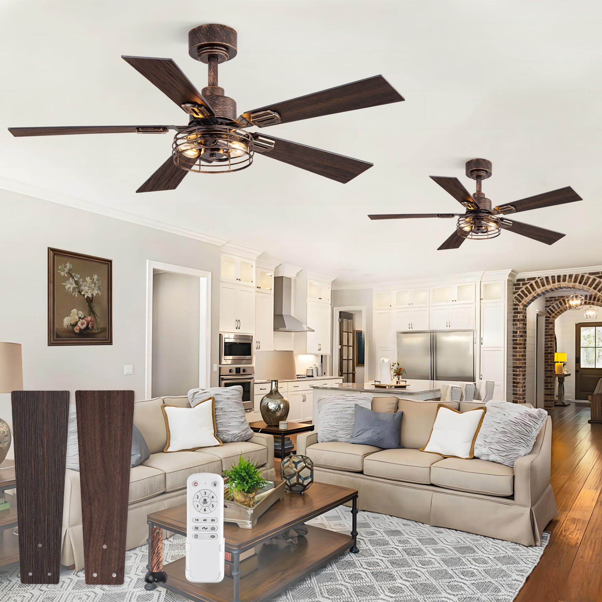 Photo 1 of 2 Pack Farmhouse 42 Inch Ceiling Fans with Lights, Industrial Caged Ceiling Fans for Bedroom Living Room, Double-Sided 5 Blades Rustic Ceiling Fan-Black Gold