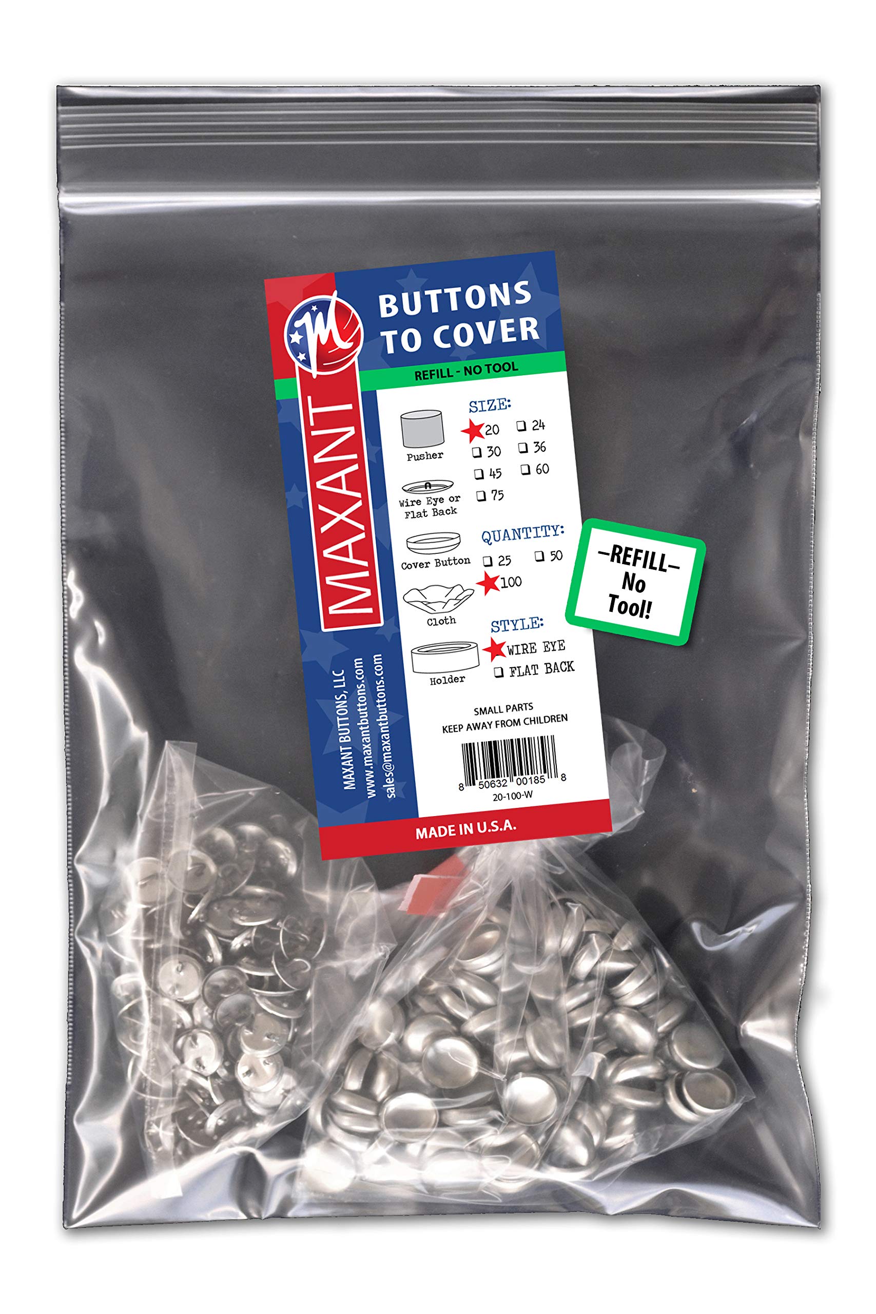 100 Buttons to Cover - Made in USA - Self Cover Buttons with Wire Eyes Size 20