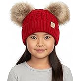 Funky Junque Toddler Double Pom Pom Beanie – Warm Knit Winter Hat for Girls Ages 1–6, Soft Kids Poms Beanies for Cold Weather
