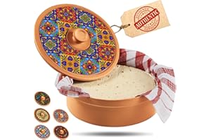woobud Authentic Terracotta Tortilla Warmer w Decorative Lid, Mexican Terra Cotta Tortillas Holder w Warmer Cloth, Traditional Clay Tortilla Container Heater & Tortillero - Mediterranean Talavera