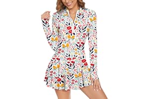 WOWENY 2 Piece Long Sleeve Rash Guard Set Long Sleeve Swimsuit with Built-in Bra Zip Front Swim Shirt Dress with Shorts