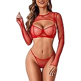 Avidlove Sexy Lingerie Set Rave Outfits For Women Fishnet Long Sleeve Crop Top Sheer Bra and Panty 3 Piece