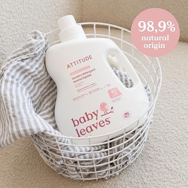 ATTITUDE BABY LAUNDRY DETERGENT LIQUID, EWG VERIFIED, SAFE FOR BABY CLOTHES, INFANT AND NEWBORN, VEGAN AND NATURALLY DERIVED WASHING SOAP, HE COMPATIBLE, UNSCENTED, 80 LOADS, 67.6 FL OZ