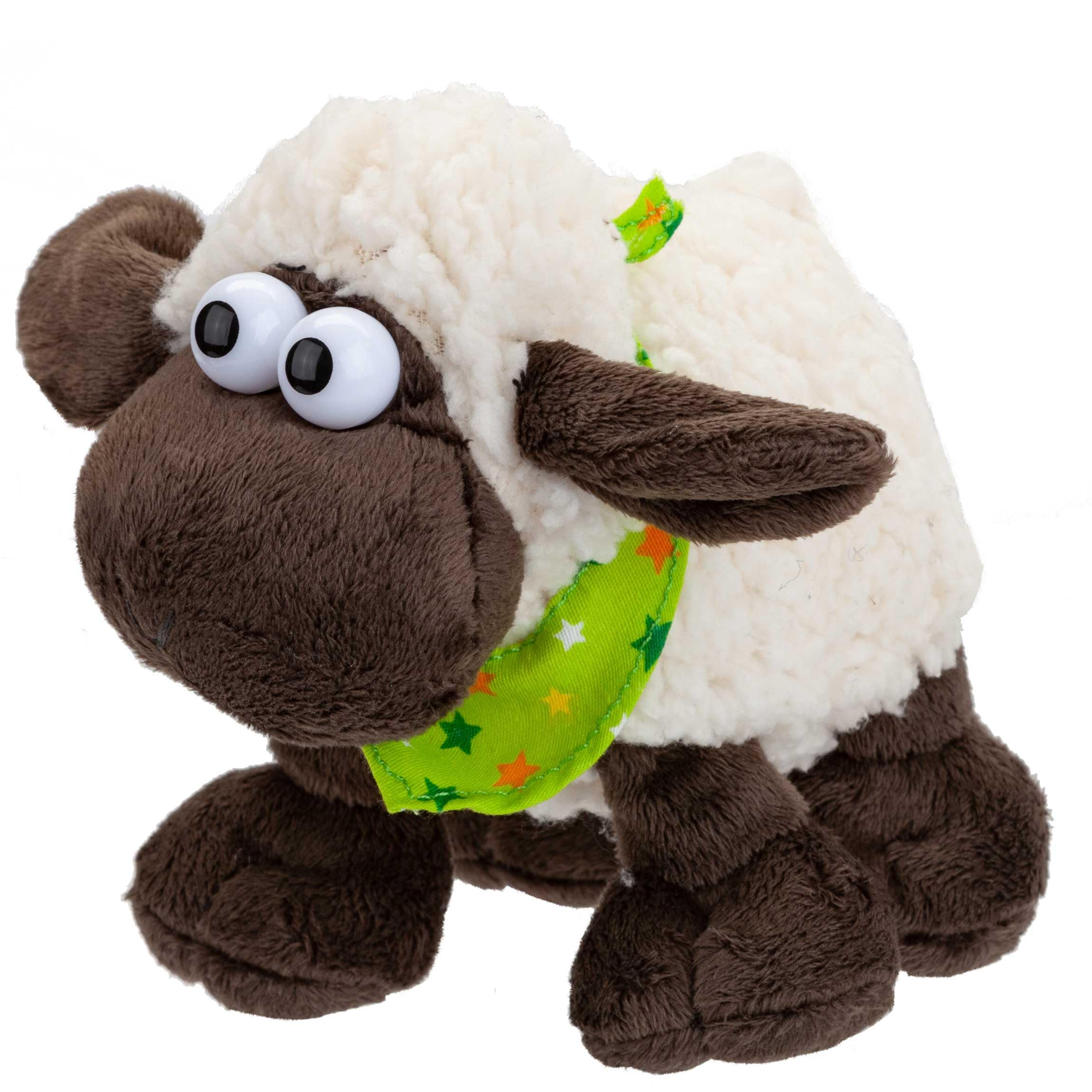 PMS VFM - Woolly Sheep 15cm Plush With Comical Eyes & Green Star Scarf - Super Fluffy Fleece Cream & Brown Fabric Farmyard Animal Toy for Kids - Cuddle Crew