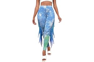 AUBIG Mermaid Leggings for Women Fish Scale Leggings High Waisted Full Length Pants for Halloween Dance Party